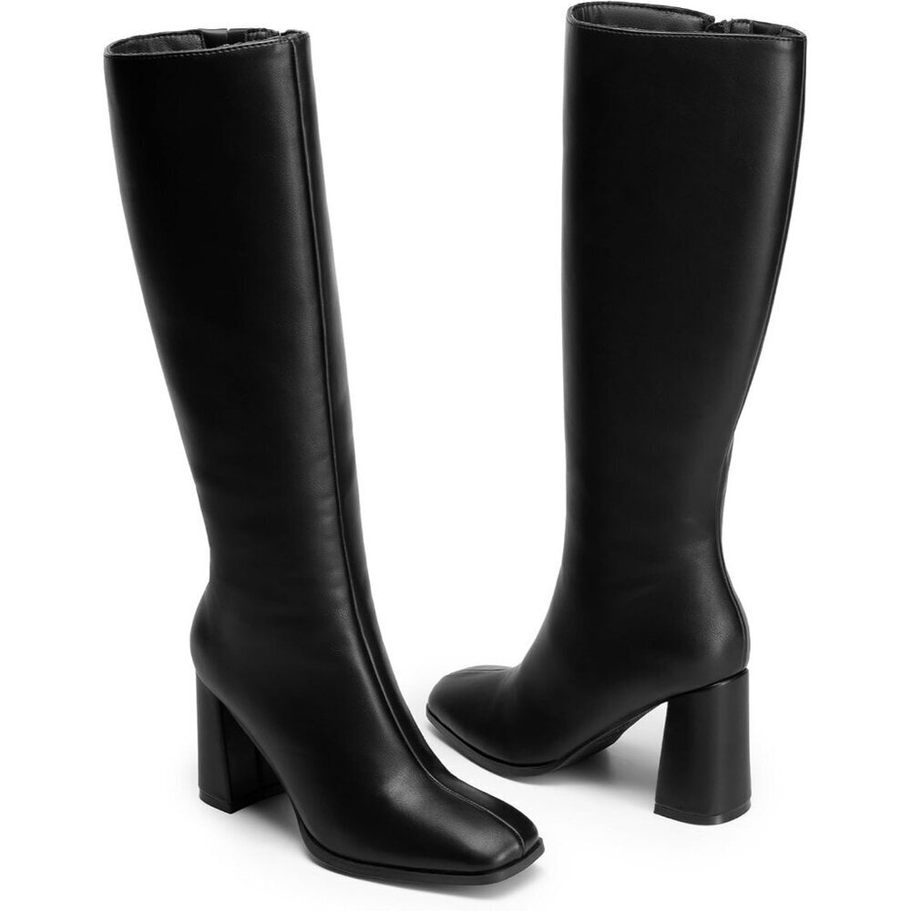 Women's Black DREAM PAIRS Knee-High Boots Square Toe Gogo Chunky Heel Side Zip - Picture 8 of 9